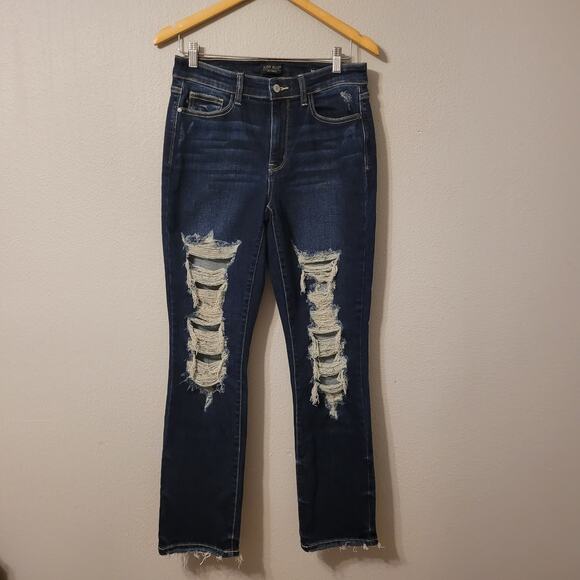 Judy‎ Blue Womens Straight Fit Jeans Size 29 Distressed Raw Hem Dark Wash - Picture 1 of 14